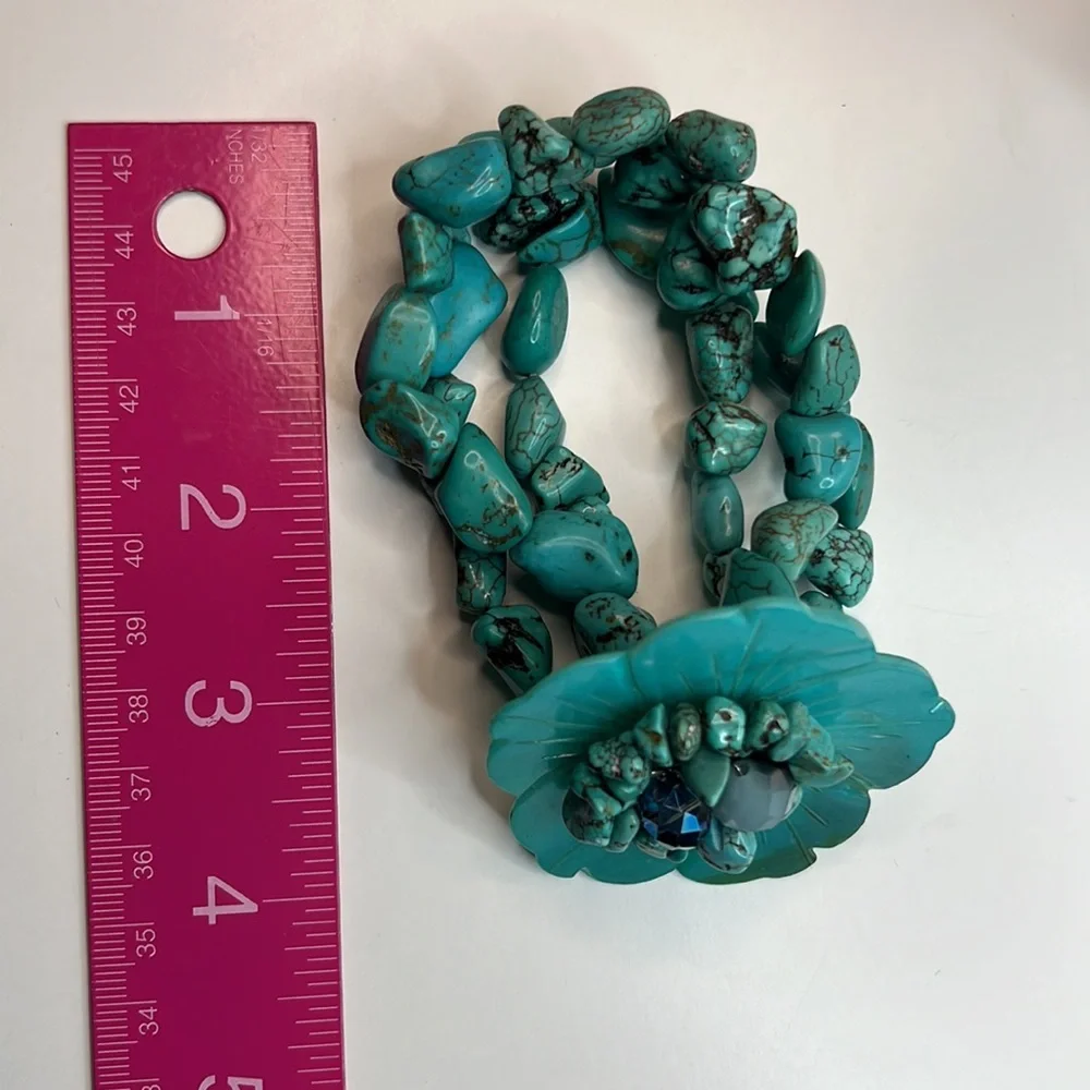 Hand Beaded Turquoise 3-Strand Floral Bracelet